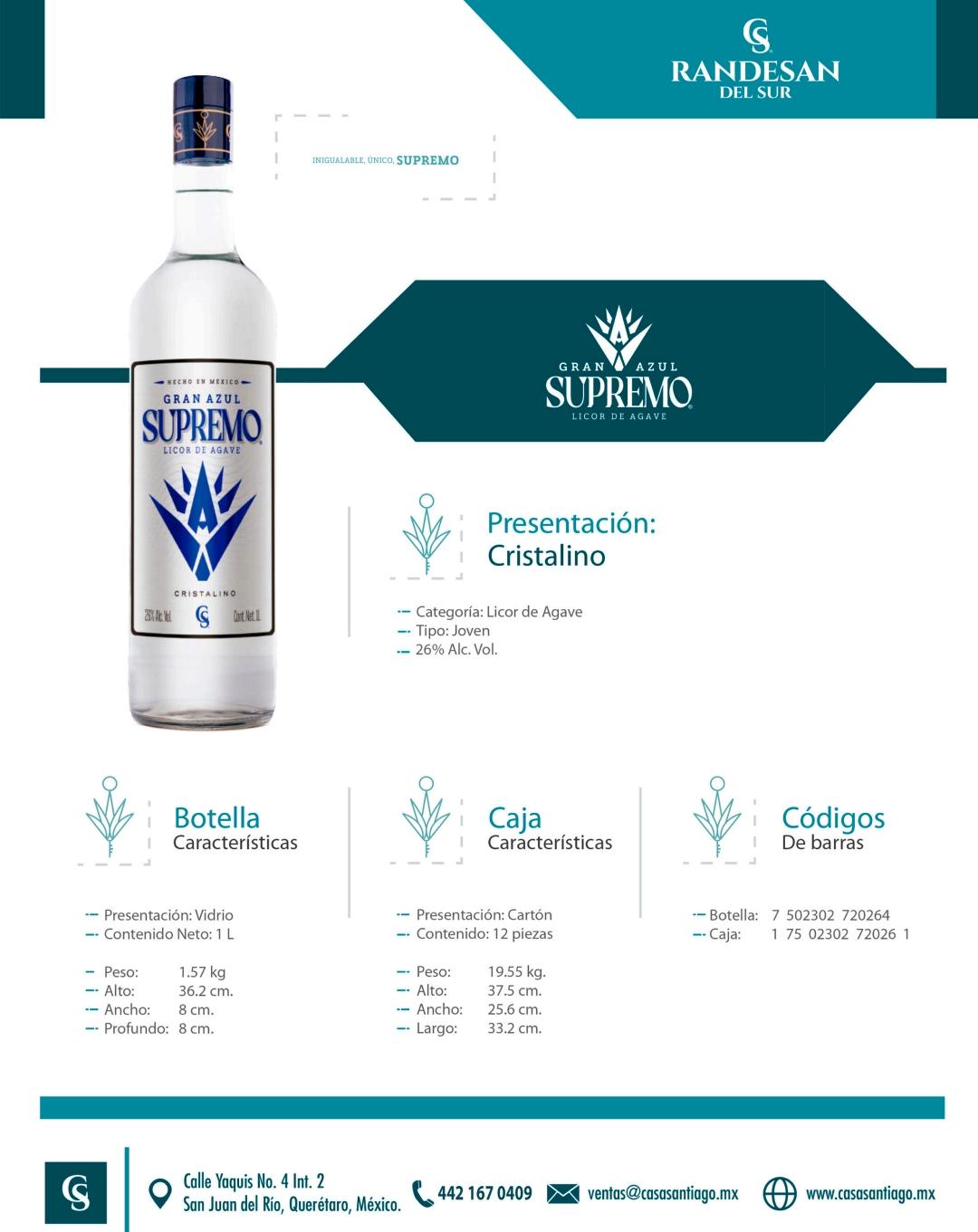 LICOR AGAVE SUPREMO CRISTALINO 12/1 L