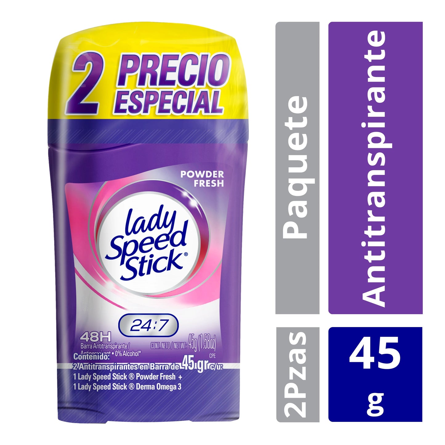Antitranspirante Lady Speed Stick Powder Fresh + Derma Omega 3 2 pzas 45 g