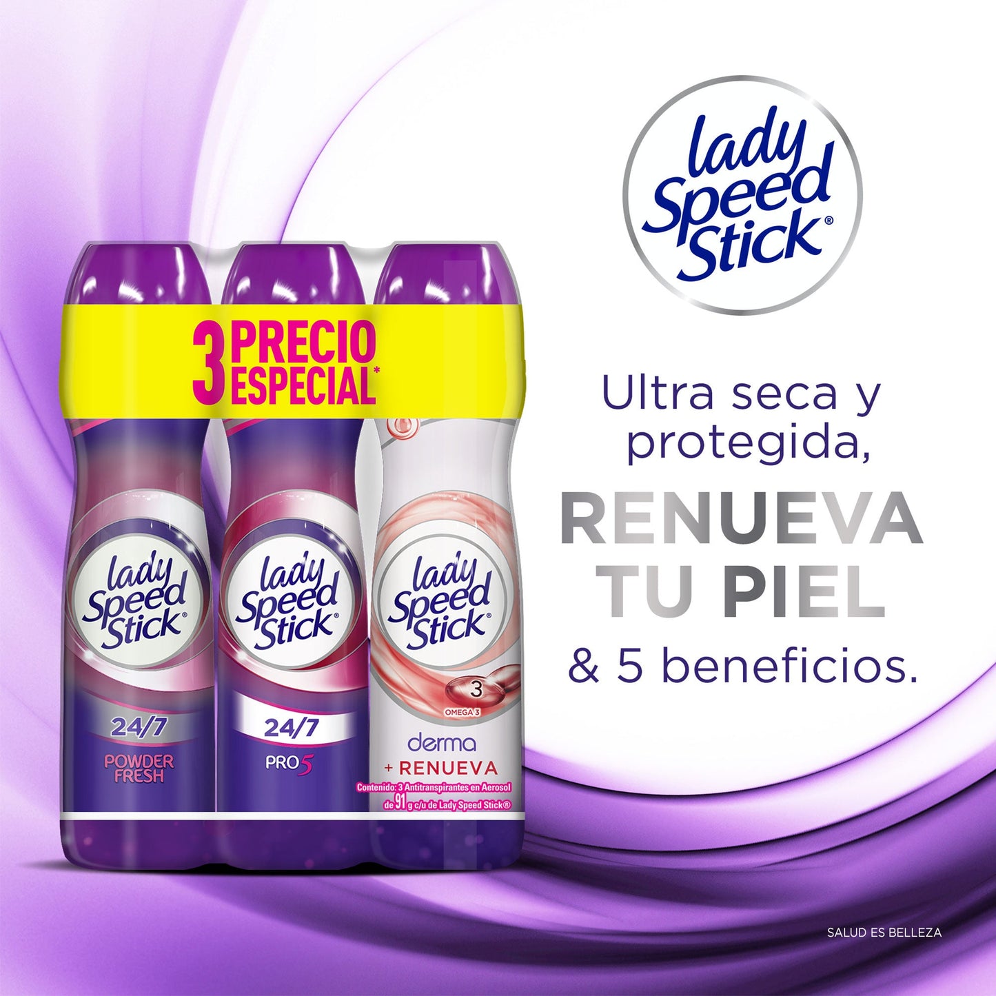 Desodorante Lady Speed Stick 5 en 1 + Derma + Powder para Dama en Aerosol de 91 gr