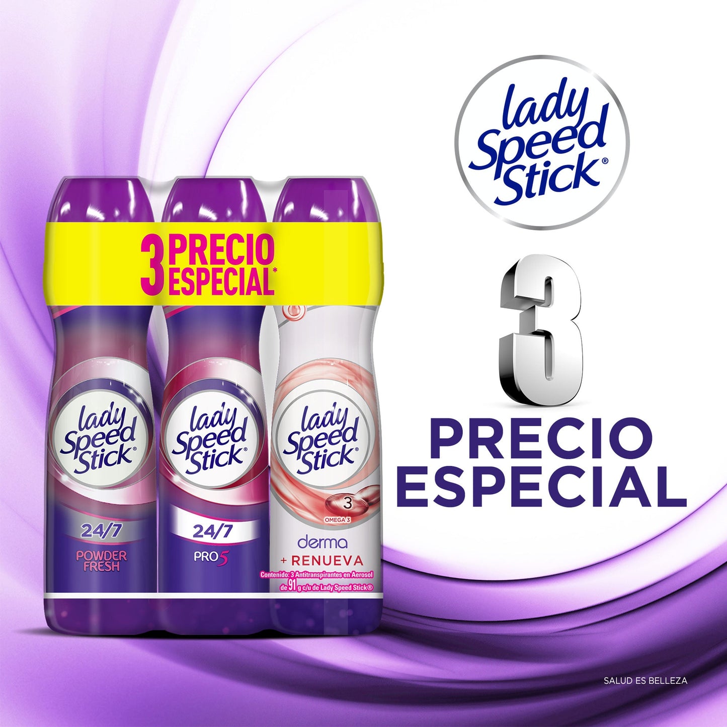 Desodorante Lady Speed Stick 5 en 1 + Derma + Powder para Dama en Aerosol de 91 gr