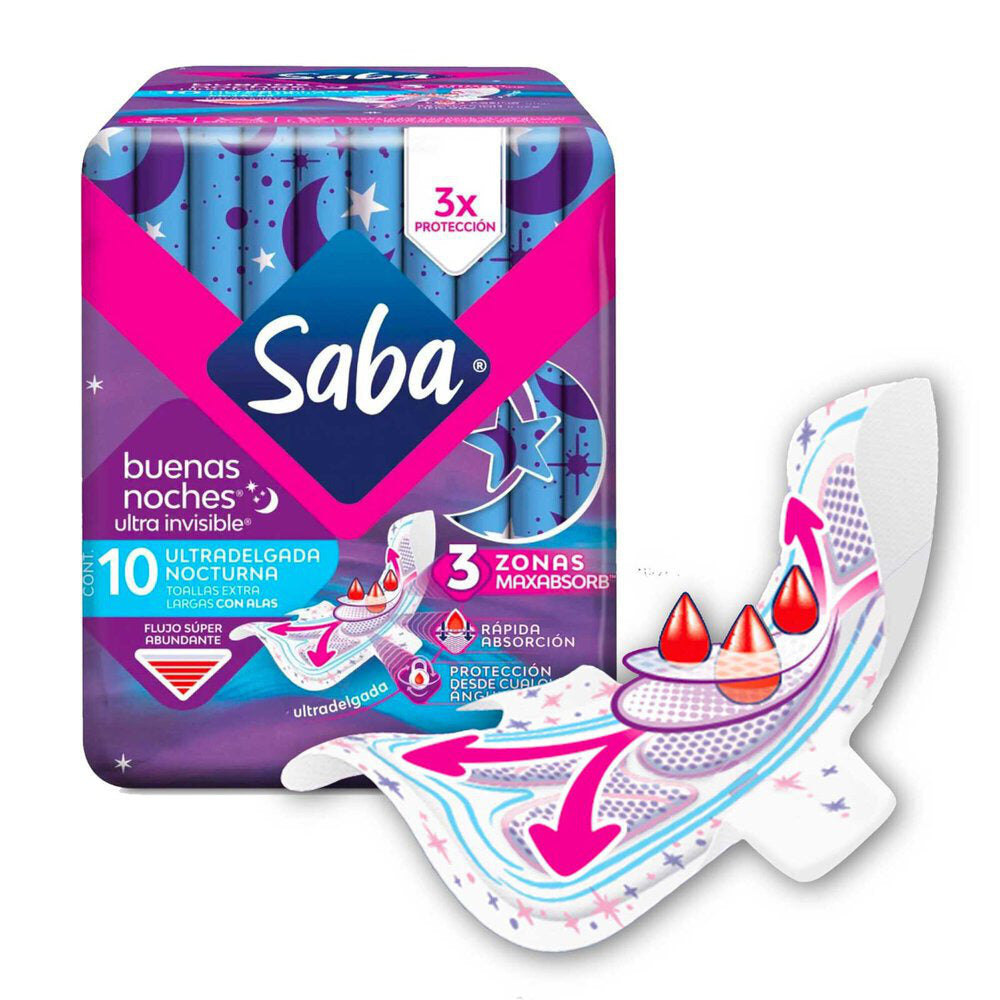 Toallas Femeninas Saba Buenas Noches Ultra Invisible Ultradelgada Nocturna con Alas 10 piezas