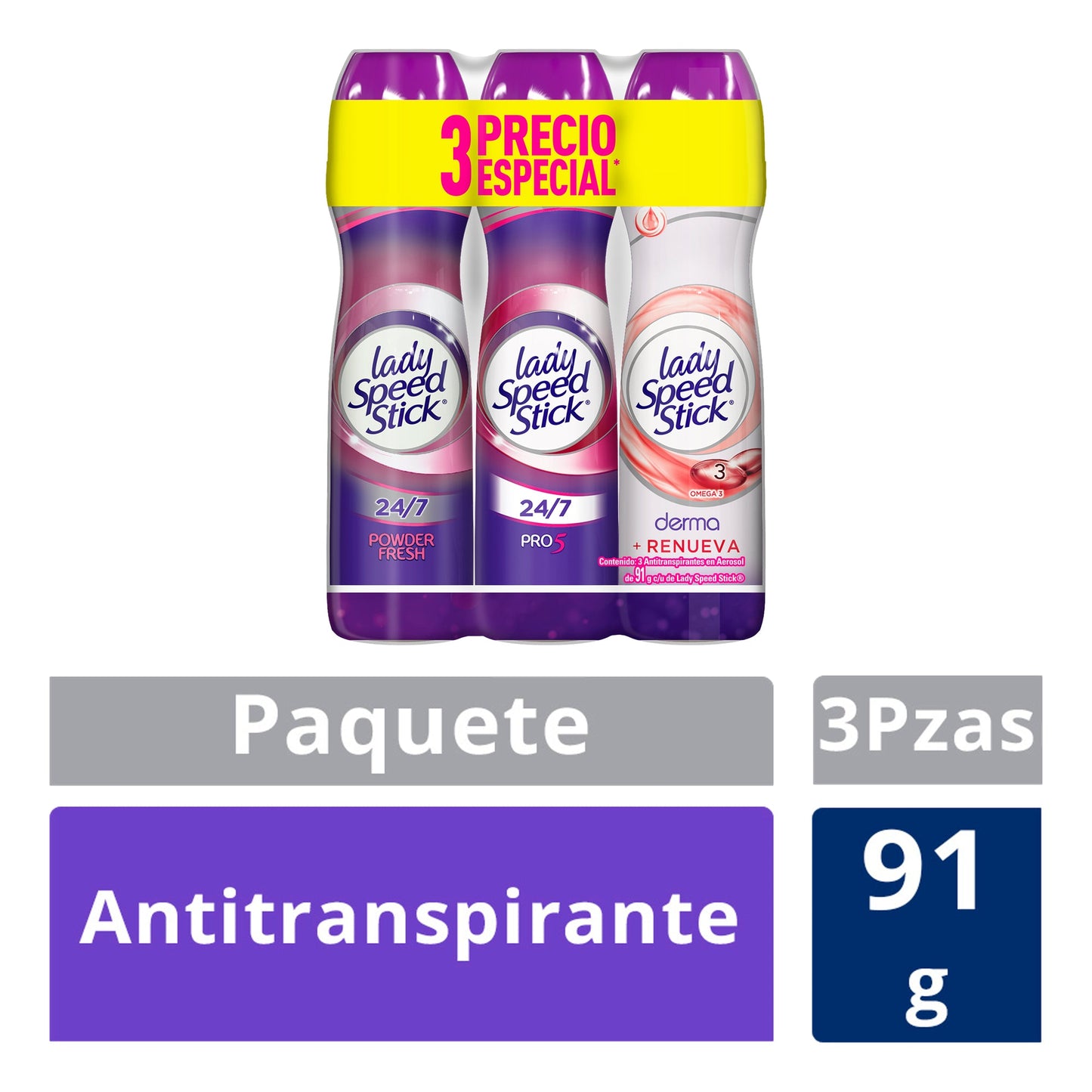 Desodorante Lady Speed Stick 5 en 1 + Derma + Powder para Dama en Aerosol de 91 gr